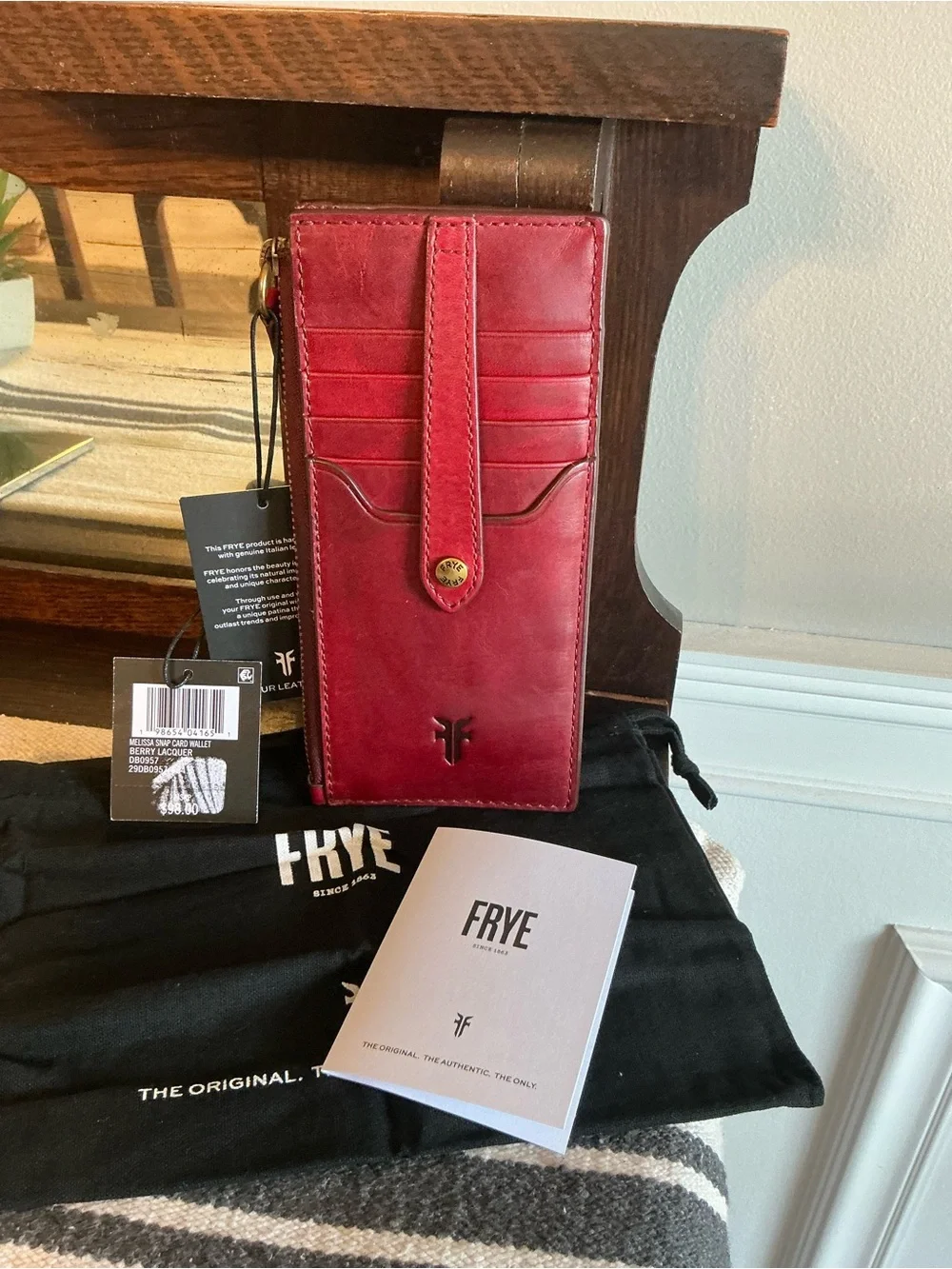NWT Frye Melissa Leather Snap Card Wallet Berry Lacquer Red Retail $98